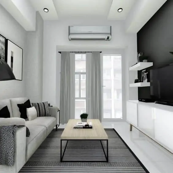 Monochromatic wall and ceiling condo living room design