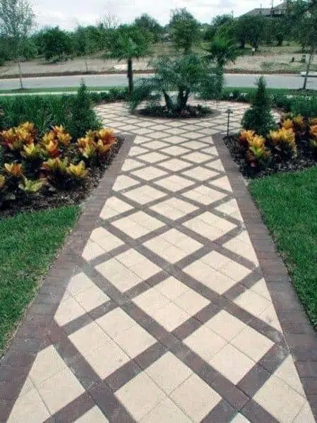Tile design walkway with brick edging