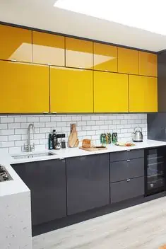 yellow and gray cabinets with white walls